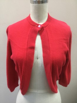 GREY STONE, Cherry Red, Acrylic, Solid, Bolero Cardigan, Knit, 3/4 Sleeves, Open at Center Front with 1 Button at Neck, Round Neck,  Dolman Sleeves,