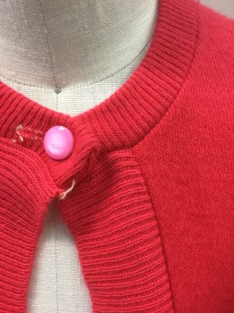 GREY STONE, Cherry Red, Acrylic, Solid, Bolero Cardigan, Knit, 3/4 Sleeves, Open at Center Front with 1 Button at Neck, Round Neck,  Dolman Sleeves,