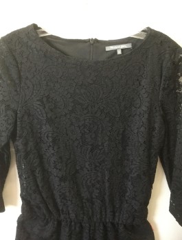 MICHAEL STARS, Black, Nylon, Cotton, Solid, Lace, 3/4 Sleeves, Bateau/Boat Neck, Dropped Waist, Elastic Waist, Shorts Have a 3" Inseam, Scallopped Leg Openings