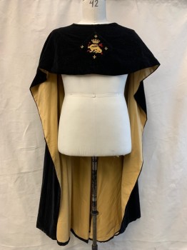 MTO, Black, Cotton, Solid, Black Velvet, Ochre Cotton Lining, Wide Neck, Chest Length in Front, Long in Back, Diamond Patch Center Front with Gold/Red Embroidery of Dragon/Fleur-DeLys/Crown, Royal Court, Nobility, Multiple
