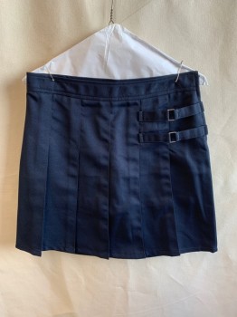 FRENCH TOAST, Navy Blue, Polyester, Solid, 1.5" Waist Band, Top Stitches Pleats with 2 Straps & Rectangle Buckles, Side Zip