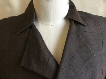 FOX 872, Dk Brown, Black, Silk, Polyester, Heathered, 3/4 Length, Dark Brown with Black Heather/texture, Light Olive Herringbone Lining, Notched Lapel, Double Breasted, 8 Button Front, 4 Pockets ( 2 Vertical and 2 Slant Pockets with Flap) , Long Sleeves with 1 Matching Button at Hem, 2 Split Back Hem