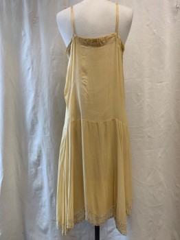 NL, Ochre Brown-Yellow, Silk, Beaded, Solid, Scoop Neck, Spaghetti Straps, Beaded Novelty Detail, Asymmetric Beaded Scallopped Trim,