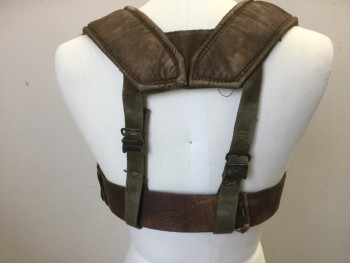 MTO, Dk Brown, Dk Olive Grn, Leather, Cotton, Padded Brown Cotton 2.5" Shoulder Straps, Dark Olive Cotton Canvas Adjustable Straps Between Shoulder Straps and Belt, Dark Brown Leather Belt with 2 Buckles, Each with 2 Belt Straps