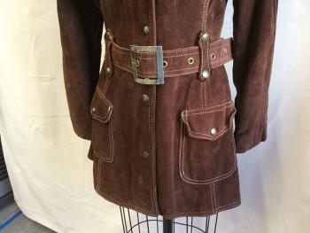 FOX 712, Brown, Rust Orange, Leather, Polyester, Solid, 3/4 Length, Chocolate Brown with Beige Top Stitches, Large Notched Lapel, Yoke with Brass Snap, Single Breasted, Brass Snap Front, 2 Pockets with Flap, Long Sleeves, Matching Brass Snaps Center Back Bottom,  Belt Hoops with SELF BELT