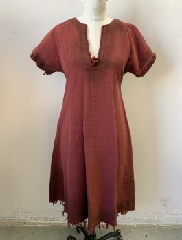 N/L, Brick Red, Cotton, Solid, Historical Fantasy, Short Sleeves, Round Neck with V-Notch, Raw Frayed Edges, Aged, Peasant