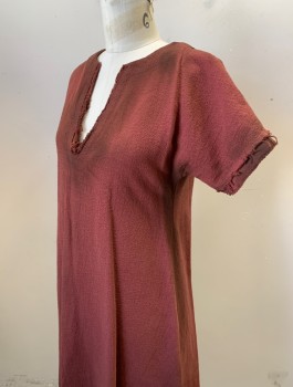 N/L, Brick Red, Cotton, Solid, Historical Fantasy, Short Sleeves, Round Neck with V-Notch, Raw Frayed Edges, Aged, Peasant