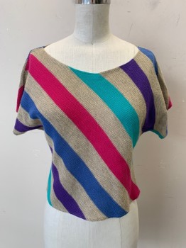 CHERI ALAN, Khaki Brown, Purple, Hot Pink, Jade Green, Acrylic, Stripes - Diagonal , Pullover, Boat Neckline, Short Sleeves