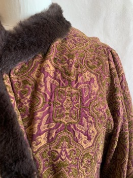 MTO, Purple, Beige, Dk Olive Grn, Dk Brown, Cotton, Fur, Geometric, Floral, Round Neck, Hook & Eye Closure on Center Front Neck, Long Bell Sleeves, Fur Trim on Collar, Down Front, and Cuffs, Gold Lining