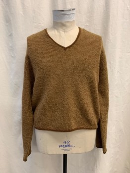 PENDLETON, Khaki Brown, Beige, Wool, 2 Color Weave, Pullover, V-neck, Long Sleeves