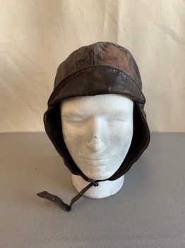 N/L, Dk Brown, Brown, Leather, Faded, AVIATOR HAT, Brown Leather Chin Strap *Aged/Distressed*