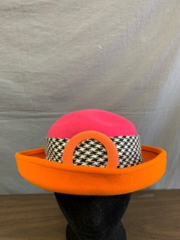 WHITTALL & SHON, Hot Pink, Orange, Black, White, Wool, Color Blocking, Houndstooth, Houndstooth Fabric Around Base with Orange Fabric Covered Ring at Center, Rolled Brim, Elastic String Chin Strap