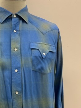 FENTON, Blue, Sea Foam Green, Polyester, Cotton, Plaid, L/S, Snap Button Front, Collar Attached, Chest Pocket,