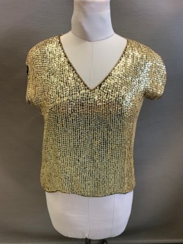 LE MIEUX, Gold, Silk, All Over Sequins, V-N, Cap Sleeves