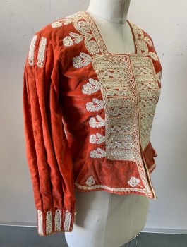 N/L MTO, Peach Orange, Cotton, Swirl , Velvet, Beige Passementarie and White Beaded Trim, Square Neck, Hook & Eye Closures at Front, Pleated Detail at L/S, Made To Order