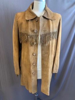 MTO, Lt Brown, Suede, Solid, Early 1800s Hip Length, Single Breasted, 6 Buttons, C.A., Fringe at Front Yoke and Sleeve Seams, 2 Flap Pocket, Wood Buttons, Lightly Aged, Partial Lining