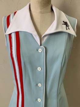 NO LABEL, Baby Blue, White, Red, Polyester, Color Blocking, Tennis Top, Button Front, C.A., Sleeveless Side Vertical Bands, Patch on Collar