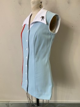 NO LABEL, Baby Blue, White, Red, Polyester, Color Blocking, Tennis Top, Button Front, C.A., Sleeveless Side Vertical Bands, Patch on Collar