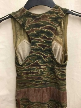 N/L, Olive Green, Brown, Tan Brown, Spandex, Camouflage, Color Blocking, Sleeveless, Zip Front, Camo W/Brown Ribbed Panels At Waist, Knees/Crotch, 2 Zip Pockets At Bust, & 2 At Side Hips, Racer Back, Ankle Length