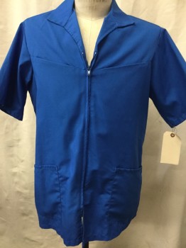 LANDAU, Royal Blue, Polyester, Cotton, Solid, Short Sleeves, Zip Front, Collar Attached, 4 Pockets,