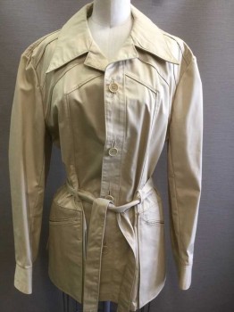 EUROPE CRAFT, Khaki Brown, Cotton, Polyester, Solid, Long Sleeves, Button Front, Long Exaggerated Collar Attached, Diagonal Unusual Seams Throughout, Hip Length, 2 Welt Pockets, Belt Loops, **2 Piece with Matching Sash Belt, Early 1980's