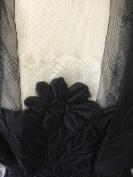 N/L, Black, Silk, Floral, Solid, Crepe with Floral Trapunto Quilting, Black Tulle Net Shoulders and 3/4 Sleeves, Cream Net Panel at Bust with Beige Net Stand Collar, Pleated Satin Waistband, Floor Length Hem,