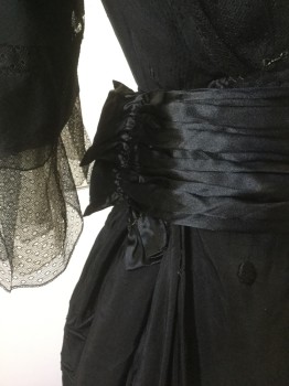 N/L, Black, Silk, Floral, Solid, Crepe with Floral Trapunto Quilting, Black Tulle Net Shoulders and 3/4 Sleeves, Cream Net Panel at Bust with Beige Net Stand Collar, Pleated Satin Waistband, Floor Length Hem,