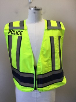 PREMIER MANUFACTURIN, Neon Yellow, Black, Silver, Polyester, Color Blocking, Neon Yellow with Black/Silver Reflective Tape, Mesh Back, Velcro at Shoulders and Sides, Zip Front, POLICE on Right Shoulder and Rear Reflective Tape