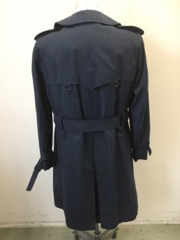 YOUNG GENTRY, Navy Blue, Cotton, Polyester, Double Breasted, Flap Pockets, Self Belt, Epaulets, Storm Patch, Plaid Lining with Button in Wool Lining,