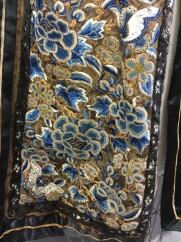 N/L, Brown, Black, White, Navy Blue, Gold, Silk, Rayon, Floral, Velvet Yoke, Shawl Lapel, Hook & Eyes Center Front, Rope Around Neck. Jacquard with Elaborate Embroidery. Disintegrating Floral Ribbon and Black Poly Ribbon, Applique, Slit in Collar, Repairs Left Shoulder Front and Back Yoke, Historical Fantasy