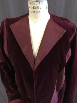 GIANNI VERSACE, Maroon Red, Cotton, Viscose, Color Blocking, Maroon Velveteen W/ Triangle Insert Front & Back, 1/2 Lapel, 1 Silver Button Front, 2 Pckts,  Kimono Long Sleeves,