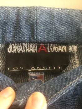 JONATHAN LOGAN, Denim Blue, Cotton, Solid, Medium Blue Denim with White Topstitching, Wide Baggy Legs, Large Patch Pockets, Button Fly,