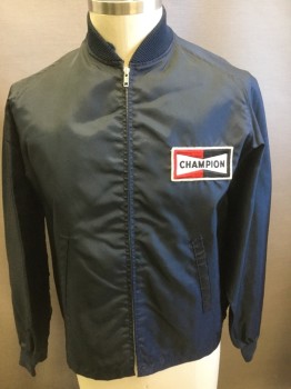 CHAMPION, Midnight Blue, Black, Red, Nylon, Solid, Rib Knit Collar Band, Zip Front, Slit Pockets, Red and Black Champion Patch