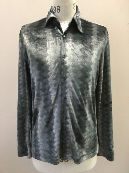 WILKE RODRIGUEZ, Gray, Dk Gray, Rayon, Polyester, Novelty Pattern, Velvet, Wavy Stripes, Button Front, Collar Attached, Long Sleeves,
