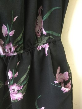 BB DAKOTA, Black, Lavender Purple, Moss Green, Polyester, Floral, Chiffon, Sleeveless with Large Round Collar That Forms a Cap Sleeve, Elastic Scoop Neck, Elastic Waist, 2 Side Pockets
