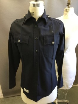 ELBECO, Navy Blue, Polyester, Solid, Button Front, 2 Pockets, Long Sleeves,