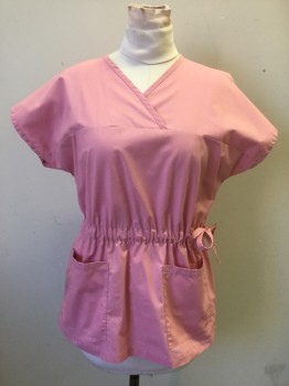 ANGELICA, Pink, Poly/Cotton, Solid, Crossover V-neck Yoke , Drawstring Waist with Left Side Tie, Short Sleeves, 2 Pockets,