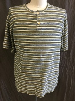 BOX OFFICE, White, Olive Green, Black, Forest Green, Blue, Cotton, Acrylic, Stripes - Horizontal , Henley, Texture Horizontal Stripes, Crew Neck, 3 Button Front, Short Sleeves,