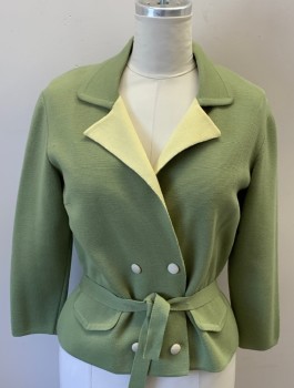NO LABEL, Green, Lt Yellow, Wool, Solid, Long Sleeves, Double Breasted,Self  Belt Attached, Notched Lapel, Knit, 2 Faux Pockets, (2 Buttons Missing)