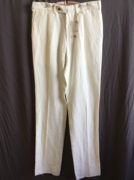 LORO PIANA, Cream, Linen, Cotton, Solid, 1.5" Waistband with Belt Hoops and 1 Small Pocket, 1 Pleat Front, Zip Front, 4 Pockets,