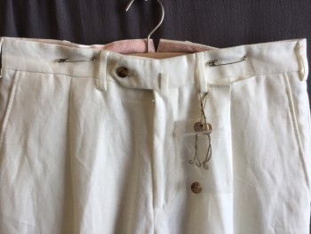 LORO PIANA, Cream, Linen, Cotton, Solid, 1.5" Waistband with Belt Hoops and 1 Small Pocket, 1 Pleat Front, Zip Front, 4 Pockets,