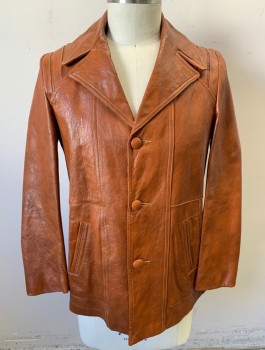 ADLER, Chestnut Brown, Leather, Solid, 3 Self Covered Buttons, Notched Collar, Slanted Yoke with Stitched Diagonal Panels, 2 Pockets, Belt Panel at Back Waist, Rust Lining,