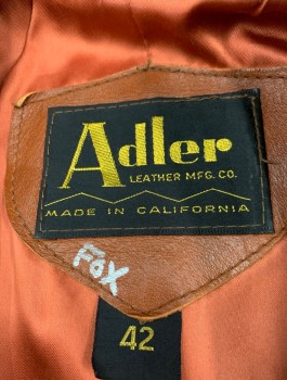 ADLER, Chestnut Brown, Leather, Solid, 3 Self Covered Buttons, Notched Collar, Slanted Yoke with Stitched Diagonal Panels, 2 Pockets, Belt Panel at Back Waist, Rust Lining,
