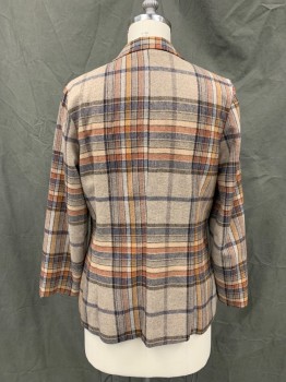 JACK WINTER, Beige, Navy Blue, Orange, Black, Polyester, Plaid, Tweed, Single Breasted, Collar Attached, Notched Lapel, 2 Pockets, Long Sleeves,