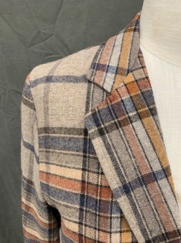 JACK WINTER, Beige, Navy Blue, Orange, Black, Polyester, Plaid, Tweed, Single Breasted, Collar Attached, Notched Lapel, 2 Pockets, Long Sleeves,