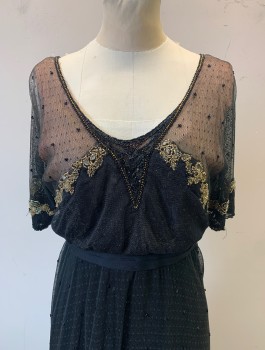 N/L MTO, Black, Lt Pink, Gold, Silk, Beaded, Sheer Net with Dotted Texture, Short Sleeves, Light Pink Silk Underlayer Visible at Bust, Scoop Neck, Empire Waist, Gold Beaded Trim at Bust, Sleeves and Neckline, Peplum at Hips, Floor Length, Made To Order
