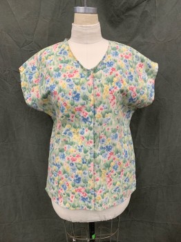 LIFE, Green, Blue, Tan Brown, Mauve Pink, Pink, Poly/Cotton, Floral, Snap Front, Scoop Neck, Short Sleeves, 2 Pockets