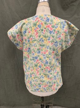 LIFE, Green, Blue, Tan Brown, Mauve Pink, Pink, Poly/Cotton, Floral, Snap Front, Scoop Neck, Short Sleeves, 2 Pockets