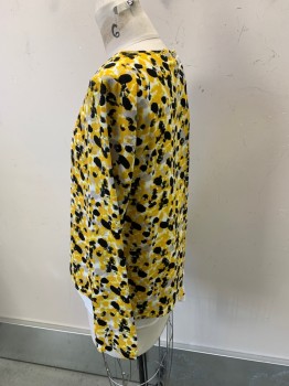 H&M, Mustard Yellow, Black, Gray, White, Polyester, Novelty Pattern, L/S, CN, White Sheer Under Layer, 2 Buttons, Open Back Slit