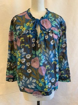 J, CREW, Teal Blue, Mint Green, Pink, White, Beige, Polyester, Floral, Leaves/Vines , Pullover, V-neck, Thin Neck Tie Attached, Long Sleeves